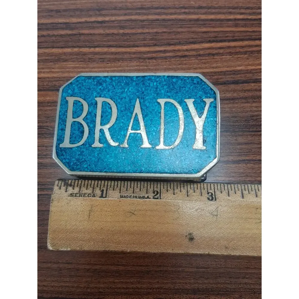Vintage 1970's Brass Belt Buckle Crushed Turquoise Inlay 
